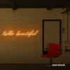 Hello Beautiful neon sign in orange for beauty salons, makeup rooms, and glam decor.