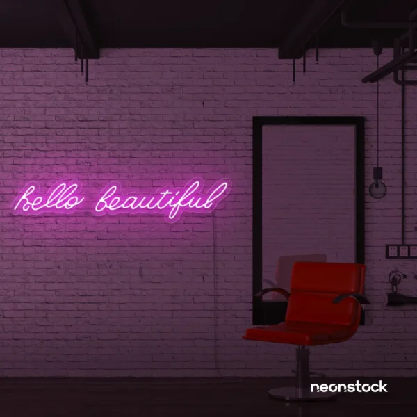 Hello Beautiful neon sign in pink for beauty salons, makeup rooms, and glam decor.
