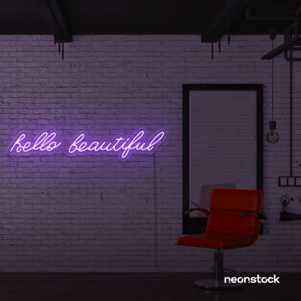 Hello Beautiful neon sign in purple for beauty salons, makeup rooms, and glam decor.