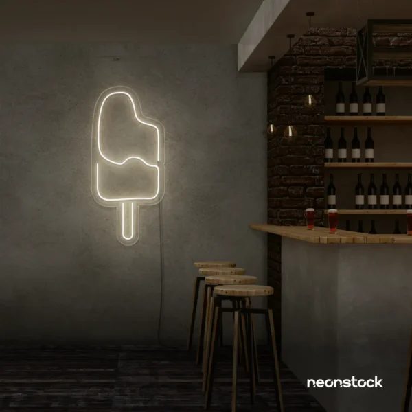 Ice Cream Popsicle neon sign in neutral white for dessert cafés, ice cream parlors, and playful restaurant decor.