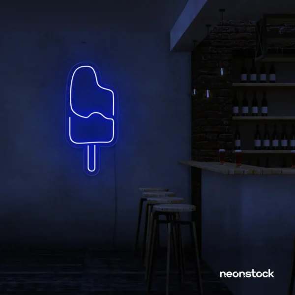 Ice Cream Popsicle neon sign in dark blue for dessert cafés, ice cream parlors, and playful restaurant decor.