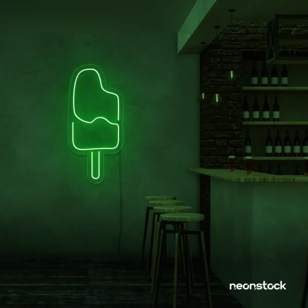 Ice Cream Popsicle neon sign in deep green for dessert cafés, ice cream parlors, and playful restaurant decor.