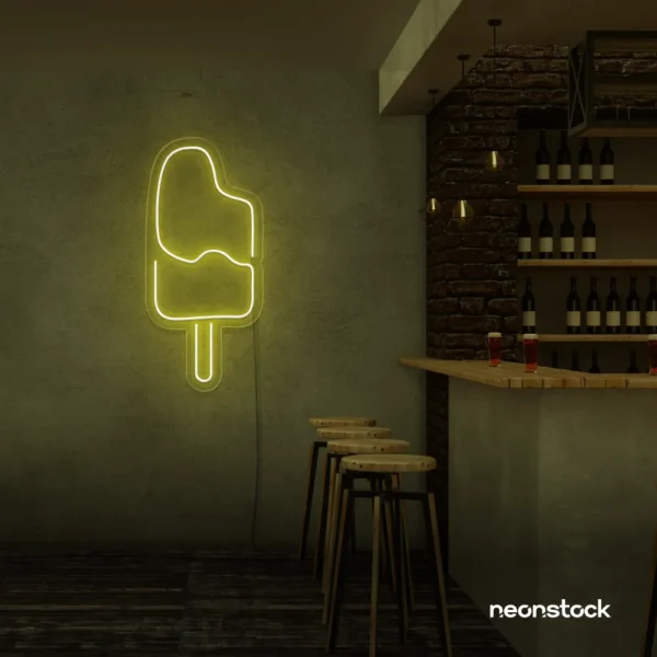 Ice Cream Popsicle neon sign in lemon yellow for dessert cafés, ice cream parlors, and playful restaurant decor.