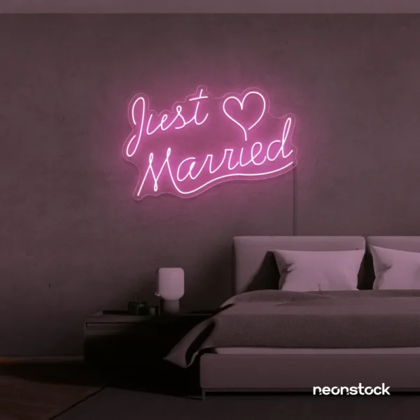 Just Married neon sign in baby pink for wedding decor, bridal shower, reception backdrop