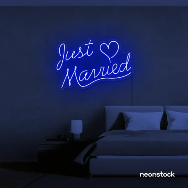 Just Married neon sign in dark blue for wedding decor, bridal shower, reception backdrop