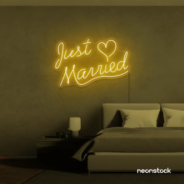 Just Married neon sign in golden yellow for wedding decor, bridal shower, reception backdrop