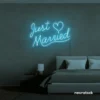Just Married neon sign in ice blue for wedding decor, bridal shower, reception backdrop