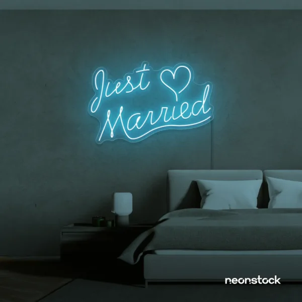 Just Married neon sign in ice blue for wedding decor, bridal shower, reception backdrop