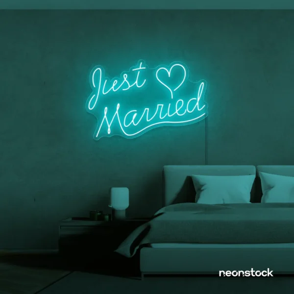 Just Married neon sign in mint green for wedding decor, bridal shower, reception backdrop
