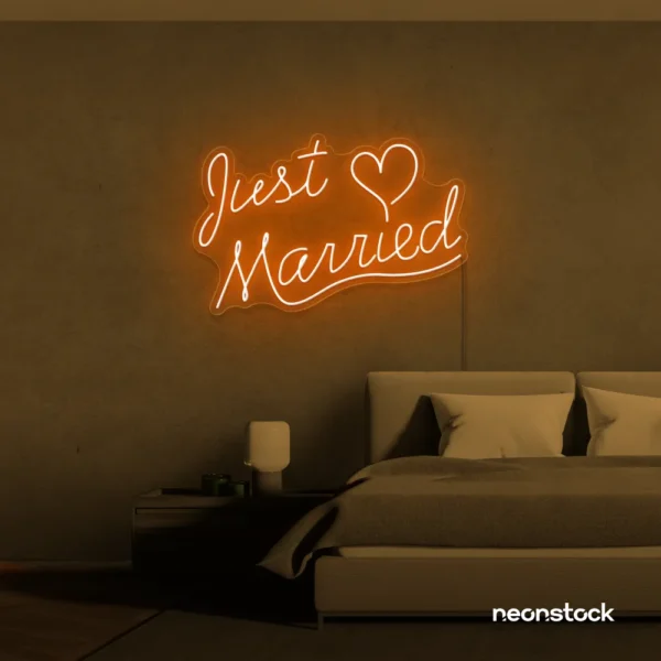 Just Married neon sign in orange for wedding decor, bridal shower, reception backdrop