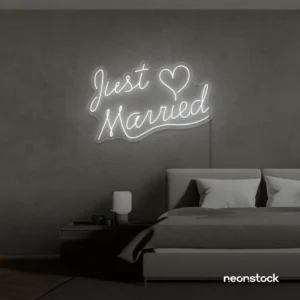 Just Married neon sign in white for wedding decor, bridal shower, reception backdrop
