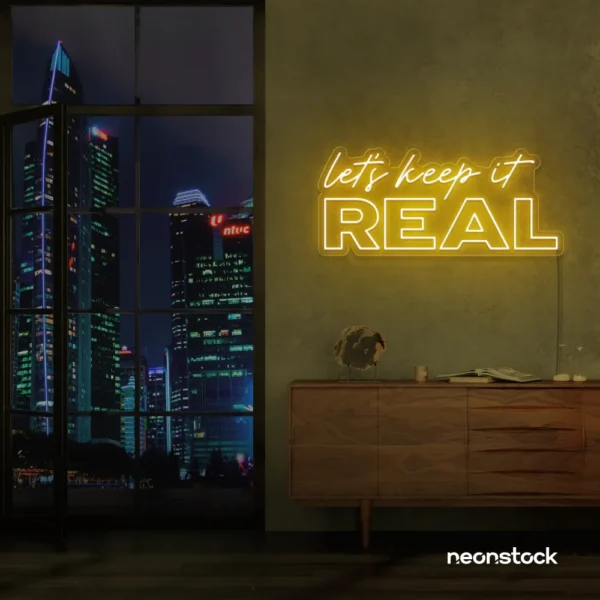 Let's Keep It Real neon sign in golden yellow for urban decor, creative rooms, and stylish hangouts.
