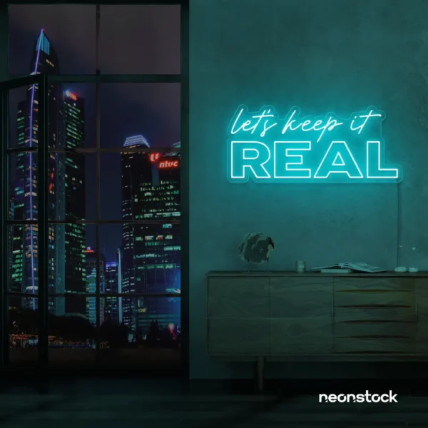Let's Keep It Real neon sign in mint green for urban decor, creative rooms, and stylish hangouts.