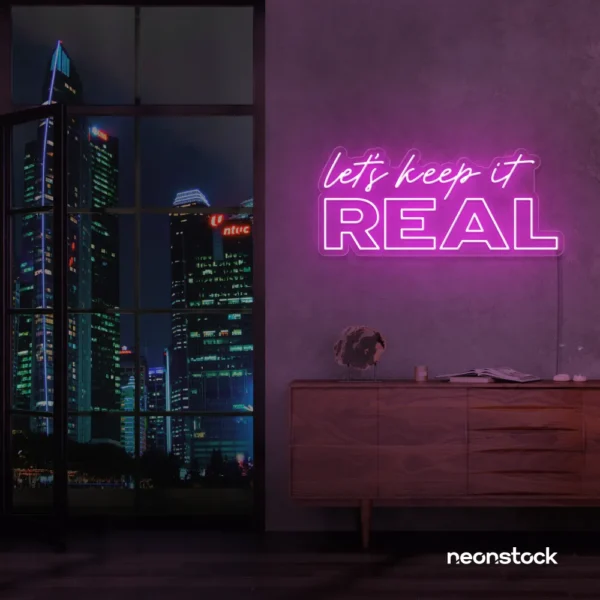 Let's Keep It Real neon sign in pink for urban decor, creative rooms, and stylish hangouts.