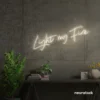 Light My Fire neon sign in neutral white for romantic decor, couple bedrooms, and Valentine’s ambiance.