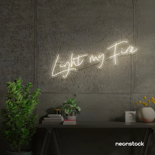 Light My Fire neon sign in neutral white for romantic decor, couple bedrooms, and Valentine’s ambiance.