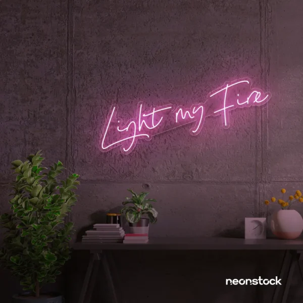 Light My Fire neon sign in baby pink for romantic decor, couple bedrooms, and Valentine’s ambiance.