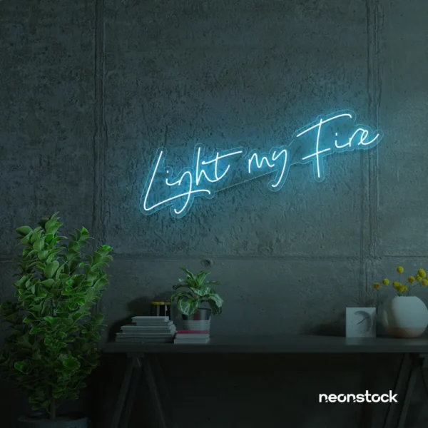Light My Fire neon sign in ice blue for romantic decor, couple bedrooms, and Valentine’s ambiance.