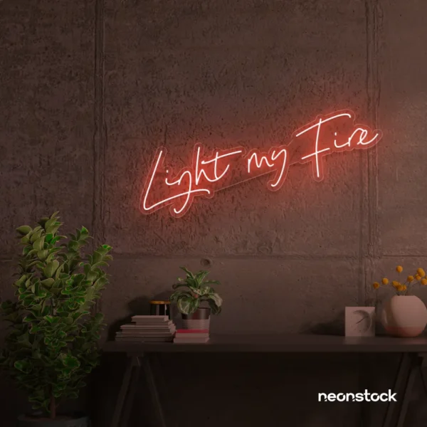 Light My Fire neon sign in peachy pink for romantic decor, couple bedrooms, and Valentine’s ambiance.