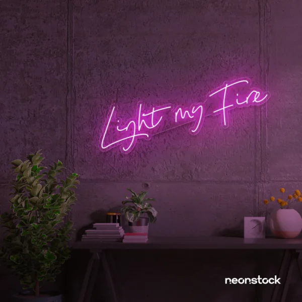 Light My Fire neon sign in pink for romantic decor, couple bedrooms, and Valentine’s ambiance.