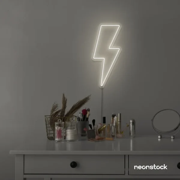 Lightning bolt neon sign in neutral white for modern wall decor