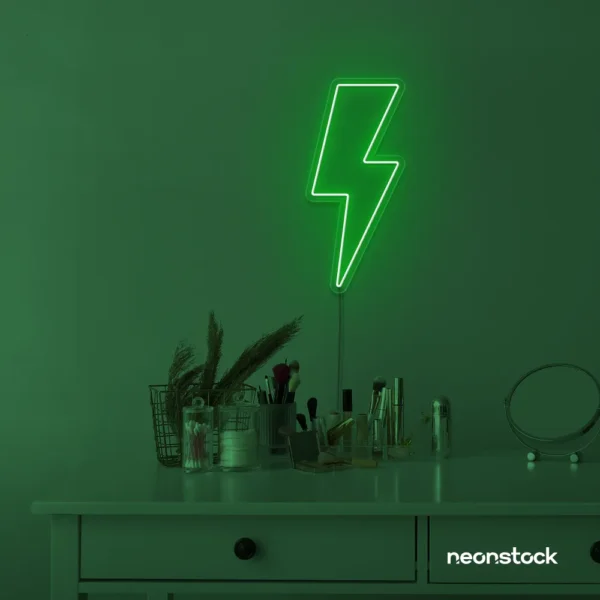 Lightning bolt neon sign in deep green for modern wall decor