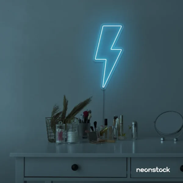 Lightning bolt neon sign in ice blue for modern wall decor