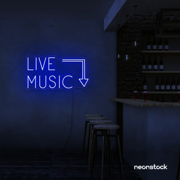 Live Music neon sign in Dark Blue for restaurants, bars, or music venues.