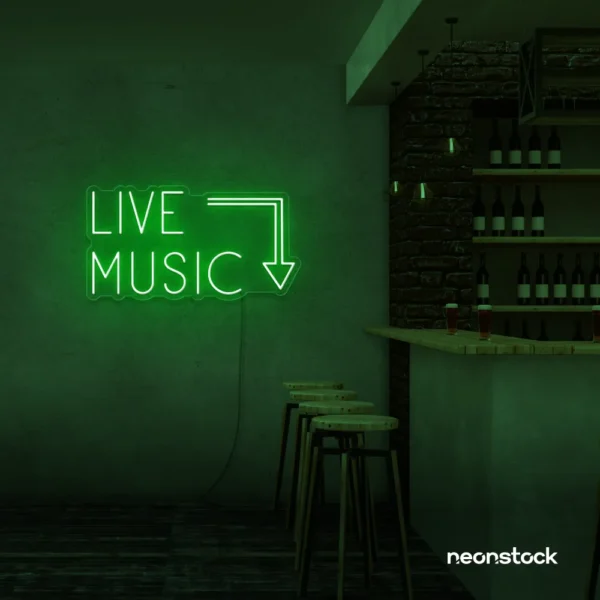 Live Music neon sign in Deep Green for restaurants, bars, or music venues.