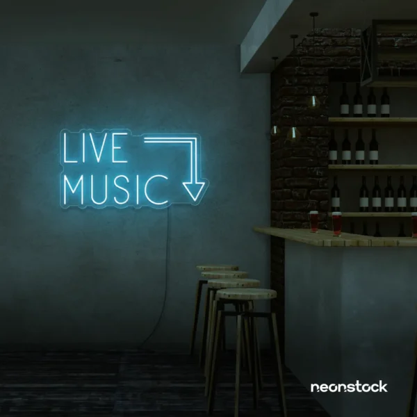 Live Music neon sign in Ice Blue for restaurants, bars, or music venues.