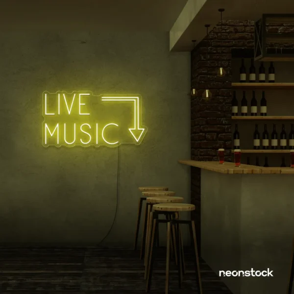 Live Music neon sign in Lemon Yellow for restaurants, bars, or music venues.