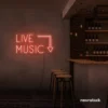 Live Music neon sign in Peachy Pink for restaurants, bars, or music venues.