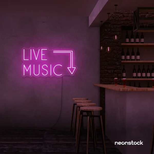 Live Music neon sign in Pink for restaurants, bars, or music venues.