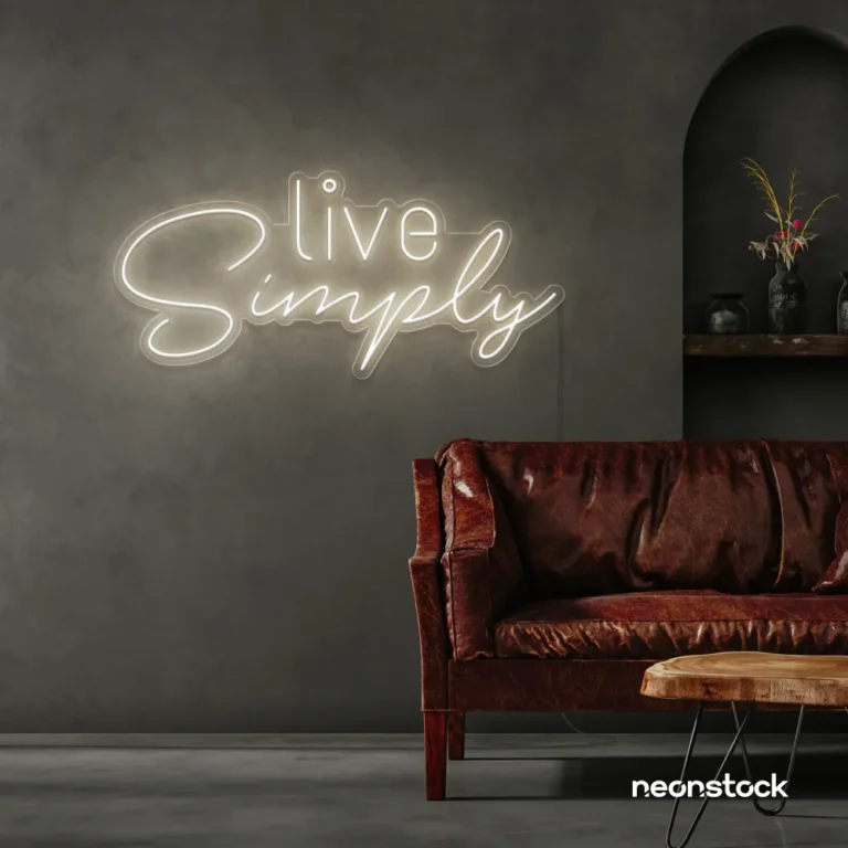 Live Simply neon sign in neutral white for minimalist decor, peaceful homes, and calming interiors.