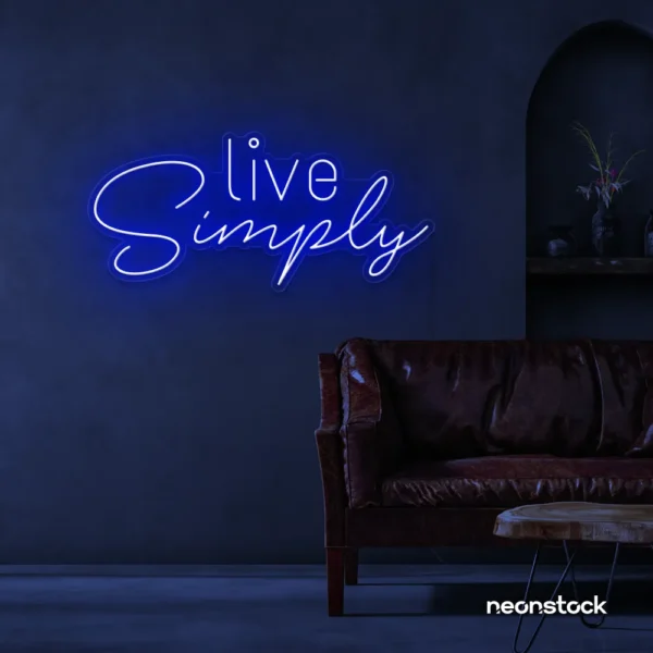 Live Simply neon sign in dark blue for minimalist decor, peaceful homes, and calming interiors.