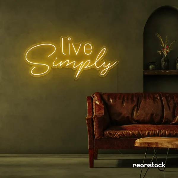 Live Simply neon sign in golden yellow for minimalist decor, peaceful homes, and calming interiors.