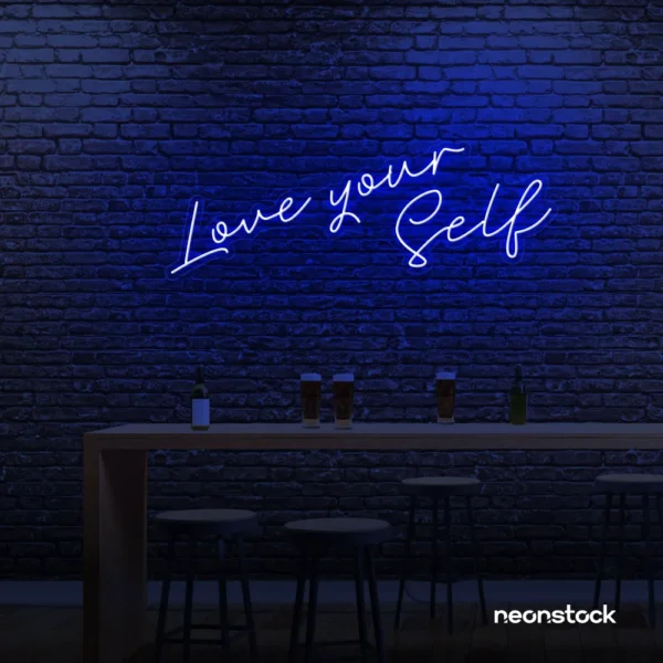 Love Yourself neon sign in dark blue for self-love decor, beauty rooms, and empowering spaces.
