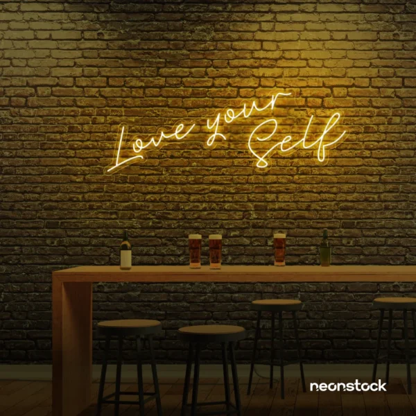 Love Yourself neon sign in golden yellow for self-love decor, beauty rooms, and empowering spaces.