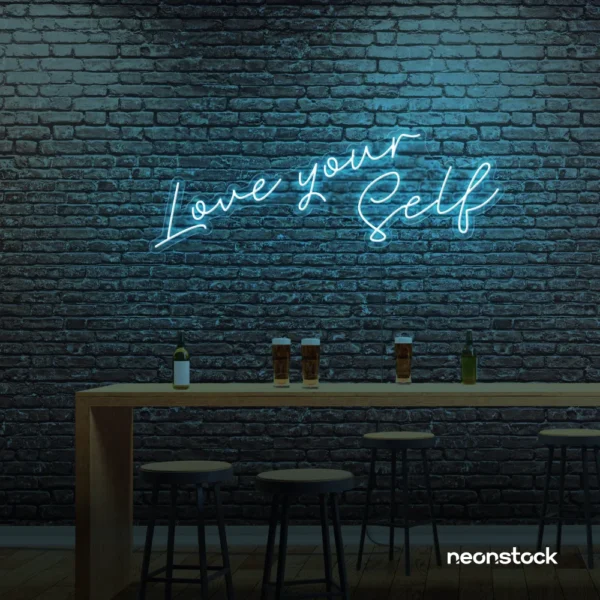 Love Yourself neon sign in ice blue for self-love decor, beauty rooms, and empowering spaces.