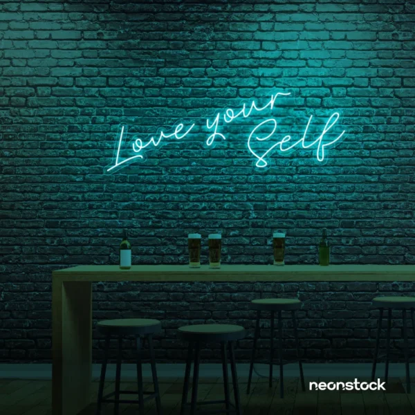 Love Yourself neon sign in mint green for self-love decor, beauty rooms, and empowering spaces.