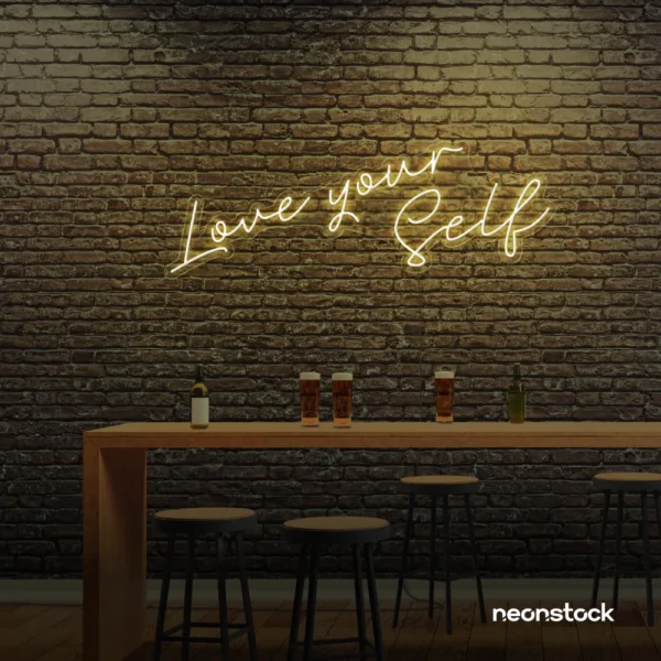 Love Yourself neon sign in warm white for self-love decor, beauty rooms, and empowering spaces.