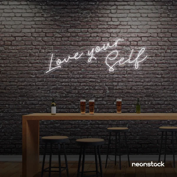 Love Yourself neon sign in white for self-love decor, beauty rooms, and empowering spaces.