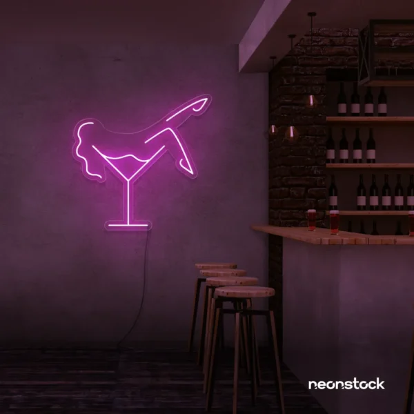 Martini girl neon sign in baby pink for soft, romantic bar decor.