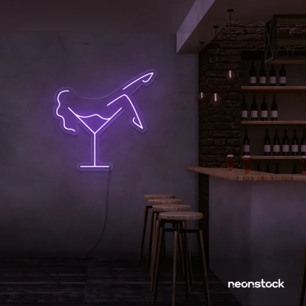 Martini girl neon sign in purple for stylish, vibrant nightlife decor.