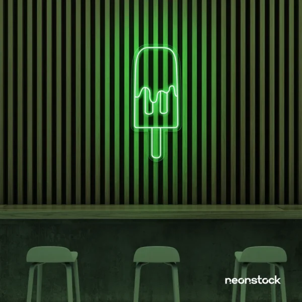 Melting Popsicle neon sign in green for ice cream parlors, dessert bars, and boba tea shops.