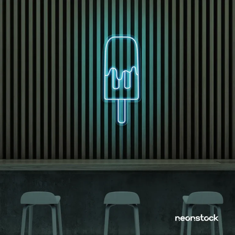 Melting Popsicle neon sign in ice blue for ice cream parlors, dessert bars, and boba tea shops.