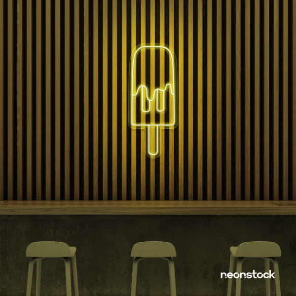 Melting Popsicle neon sign in lemon yellow for ice cream parlors, dessert bars, and boba tea shops.