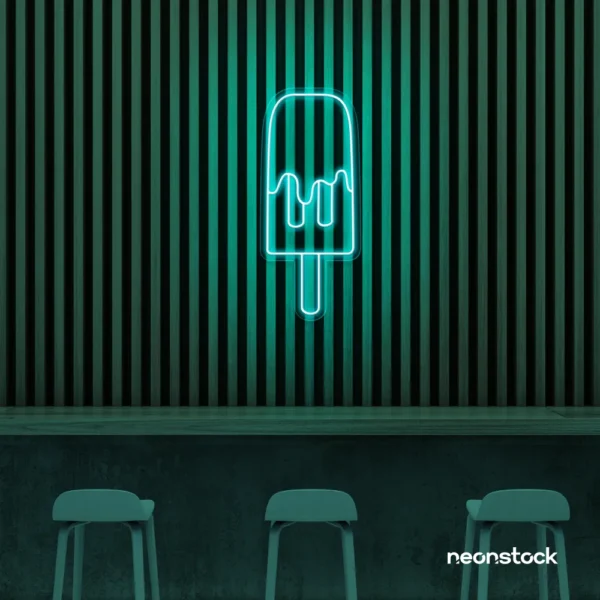 Melting Popsicle neon sign in mint green for ice cream parlors, dessert bars, and boba tea shops.