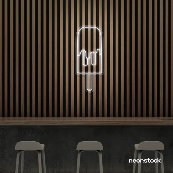 Melting Popsicle neon sign in white for ice cream parlors, dessert bars, and boba tea shops.