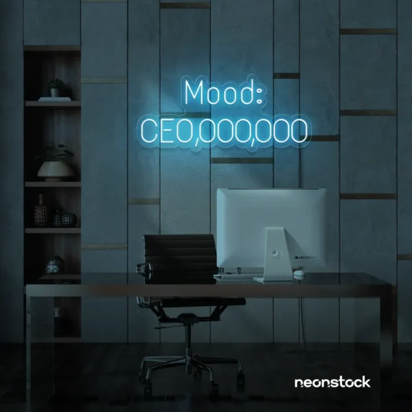 Mood CEO neon sign in ice blue for glam offices, boss babe rooms, and motivational decor.